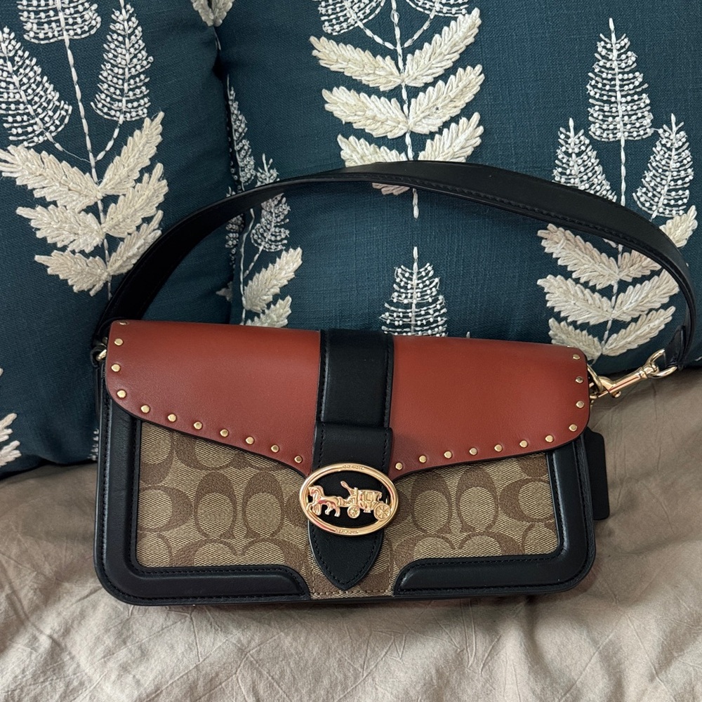 Coach Tan and Black Shoulder Bag with Gold Accents